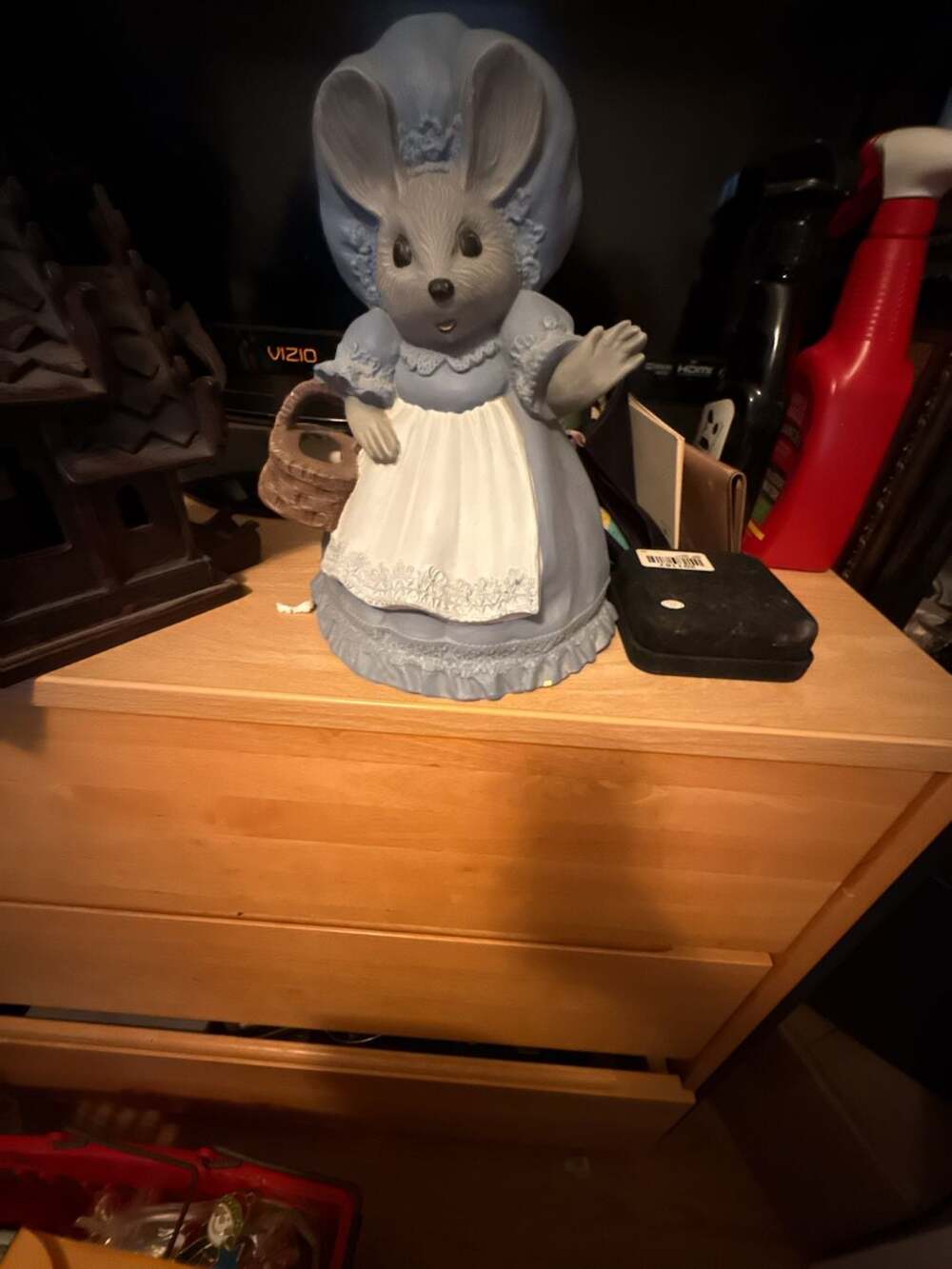Vintage Ceramic Miss Mouse Figurine with Apron and Basket Coin Bank